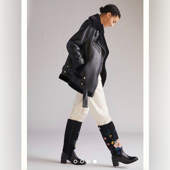 NWT Anthropologie Emily Isabella Black Leather Wool Flower Boots Size - Picture 6 of 15